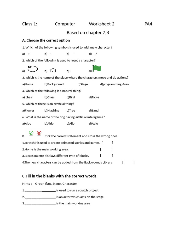 Computer Work Sheet 2 Class 1 | PDF