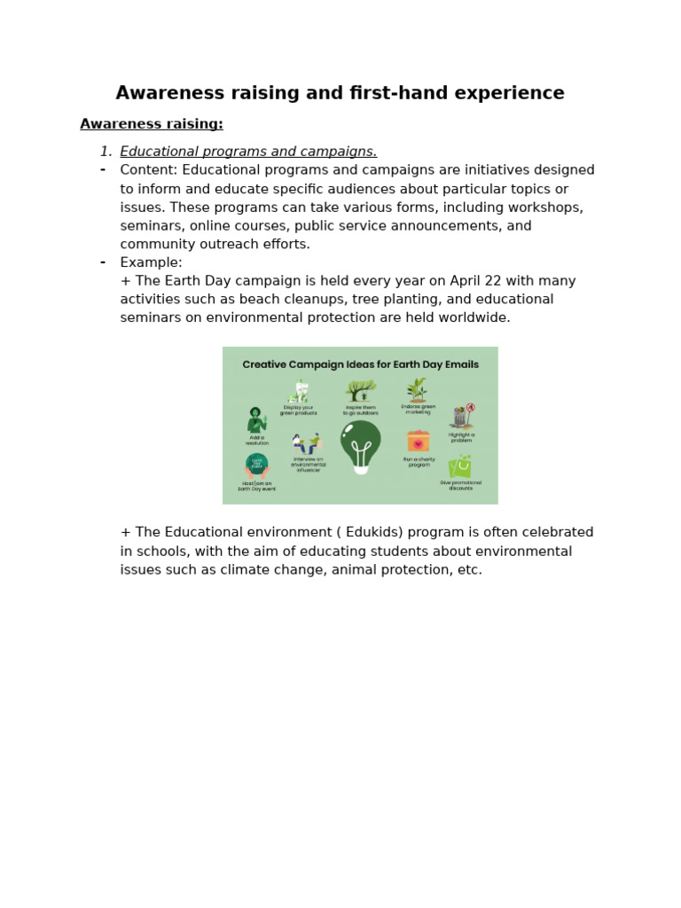 Awareness Raising and First-Hand Experience | PDF | Sustainability ...