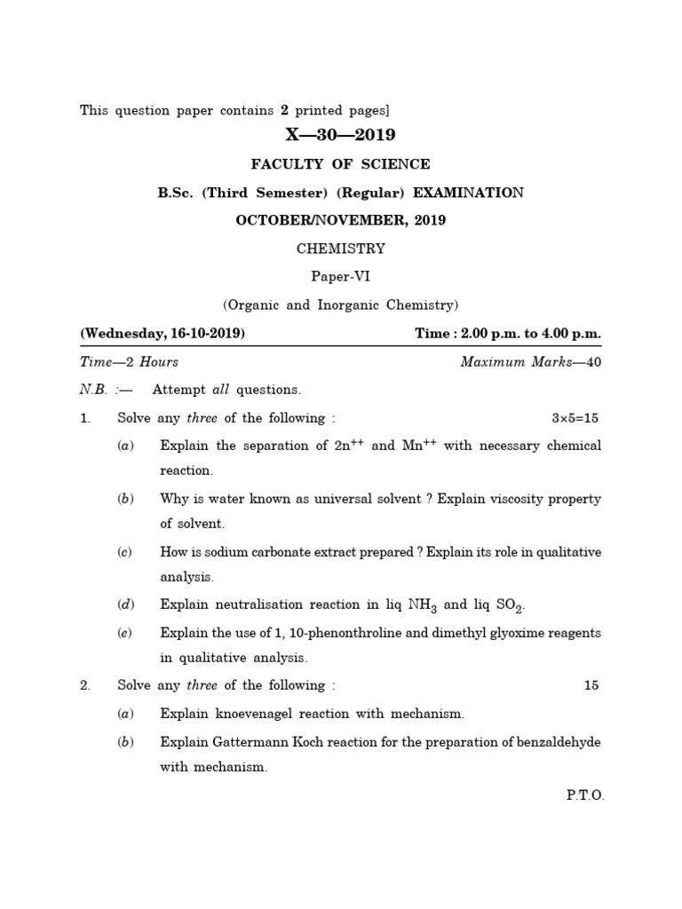 BSC 3 Sem Chemistry Organic and Inorganic Chemistry X 30 Nov 2019 | PDF