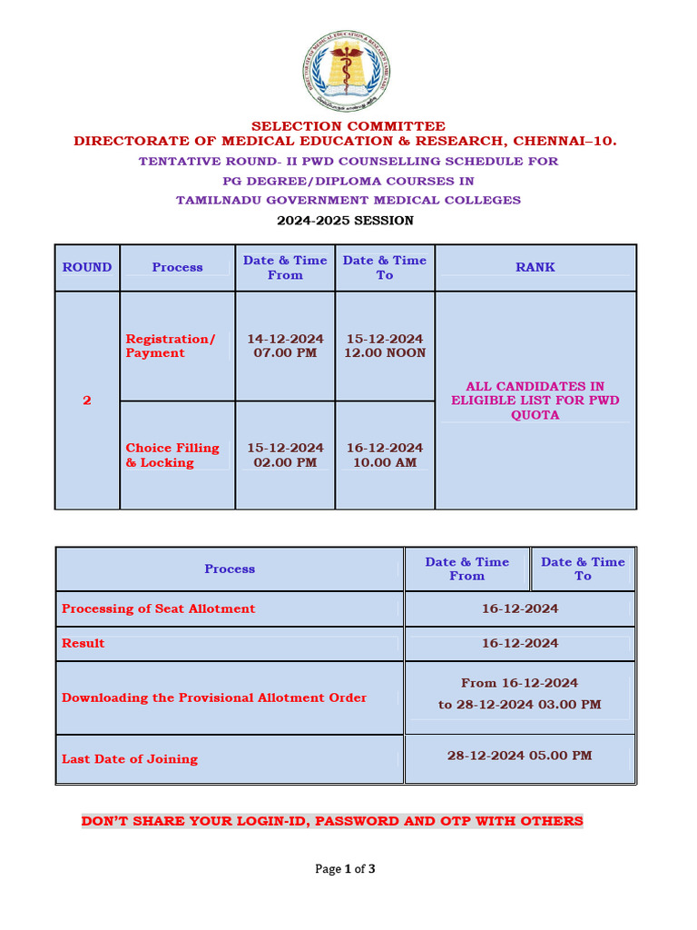 Round 2 Revised Schedule For PWD (14.12.2024) | PDF