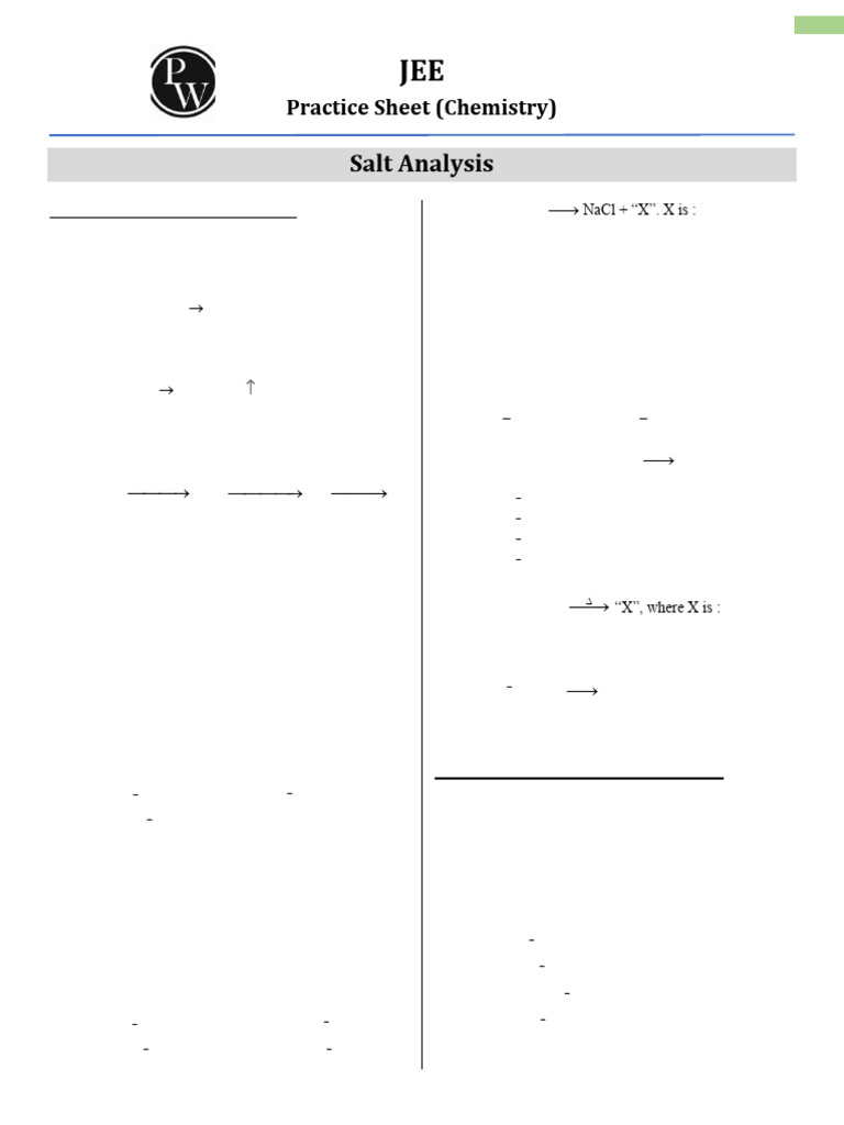 JEE Chemistry Salt Analysis Practice | PDF | Chemical Compounds ...