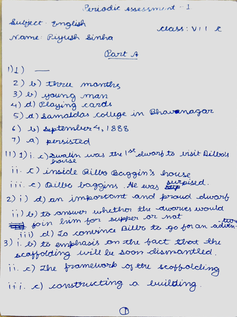 Name _ Piyush Sinha , Class 7c English Periodic Test 1 | PDF