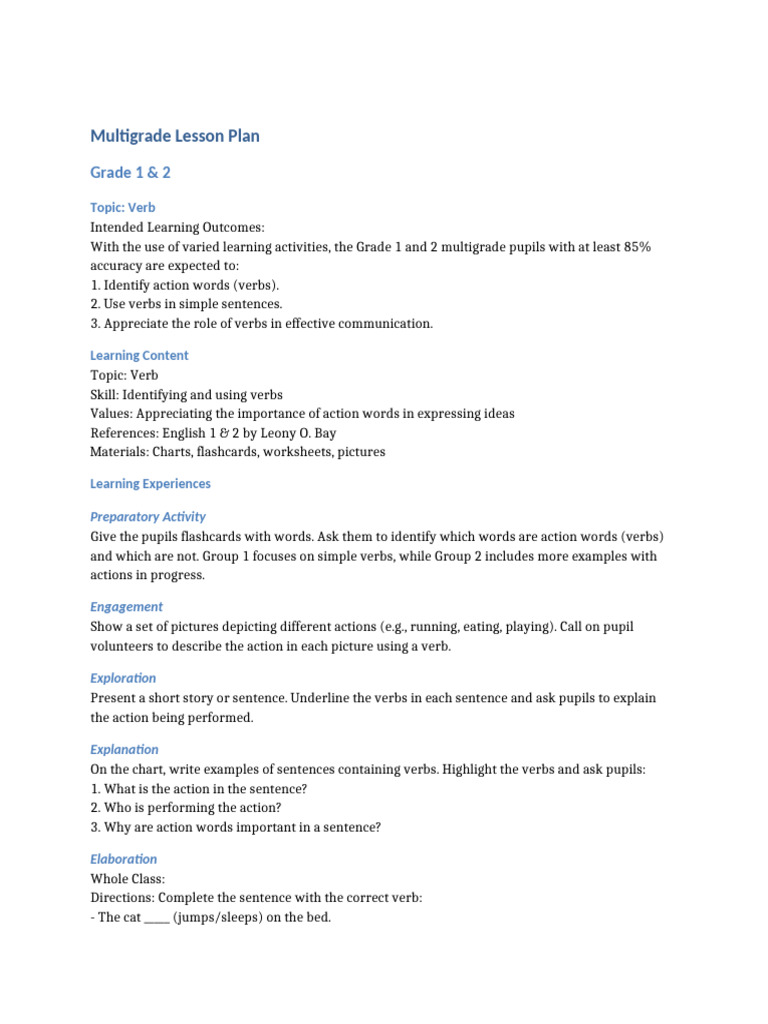 Multigrade Lesson Plan: Verbs & Pronouns | PDF | Pronoun | Question