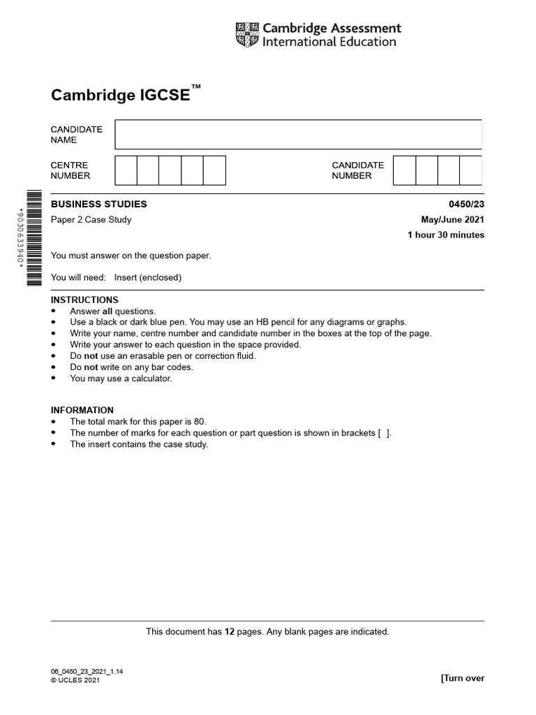 Cambridge IGCSE: 0450/23 Business Studies | PDF | Employment | Labour ...
