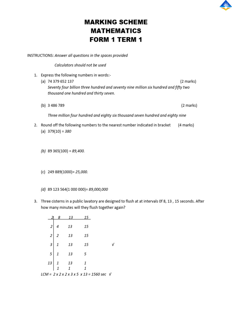 Form 1 Term 1 Math Marking Scheme | PDF | Elementary Mathematics ...