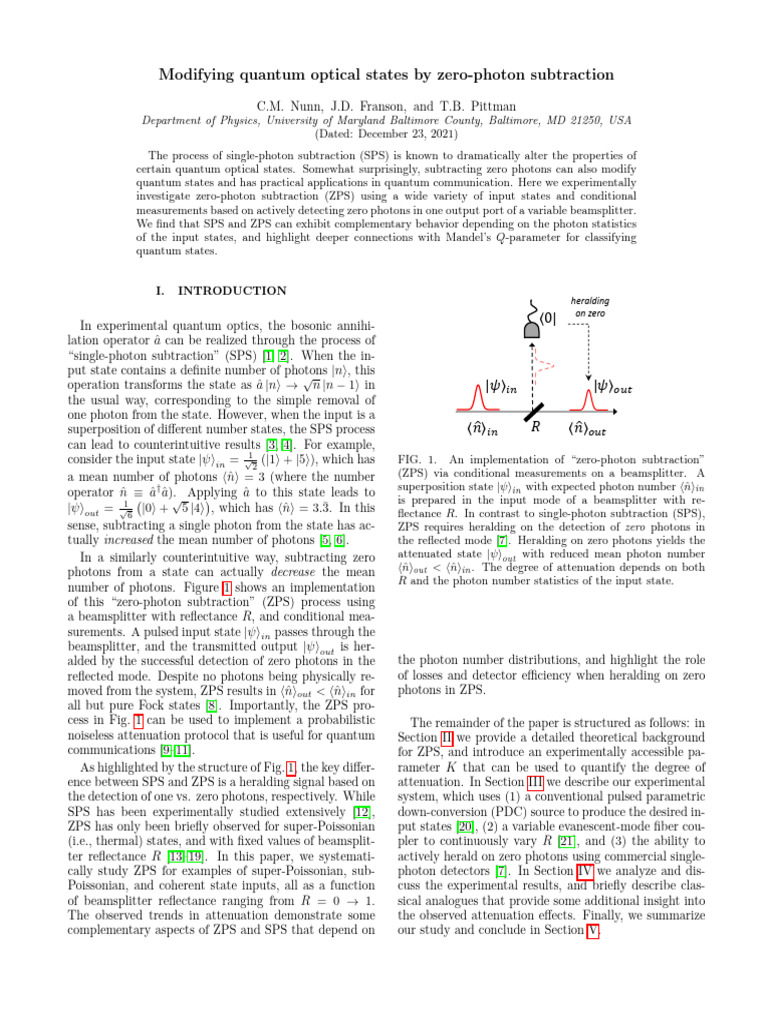 Modifying Quantum Optical States by Zero-Photon Subtraction | PDF ...