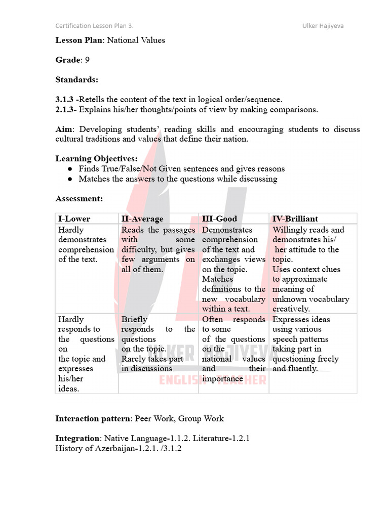 National Values Lesson Plan for Grade 9 | PDF | Reading Comprehension ...