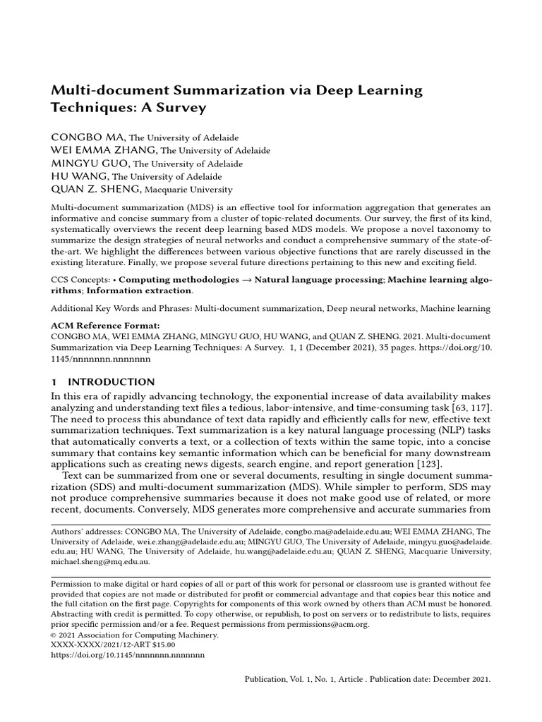 Multi-Document Summarization Via Deep Learning Techniques: A Survey ...
