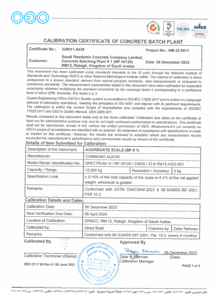 Plant Calibration Certificates BP#1&2 06 Dec 2023 - 06 April 2024) | PDF