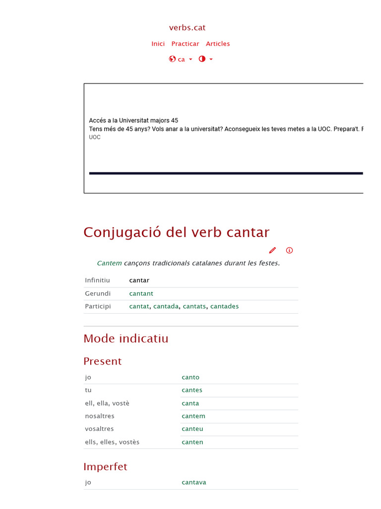 Conjugació Del Verb Català Cantar PDF