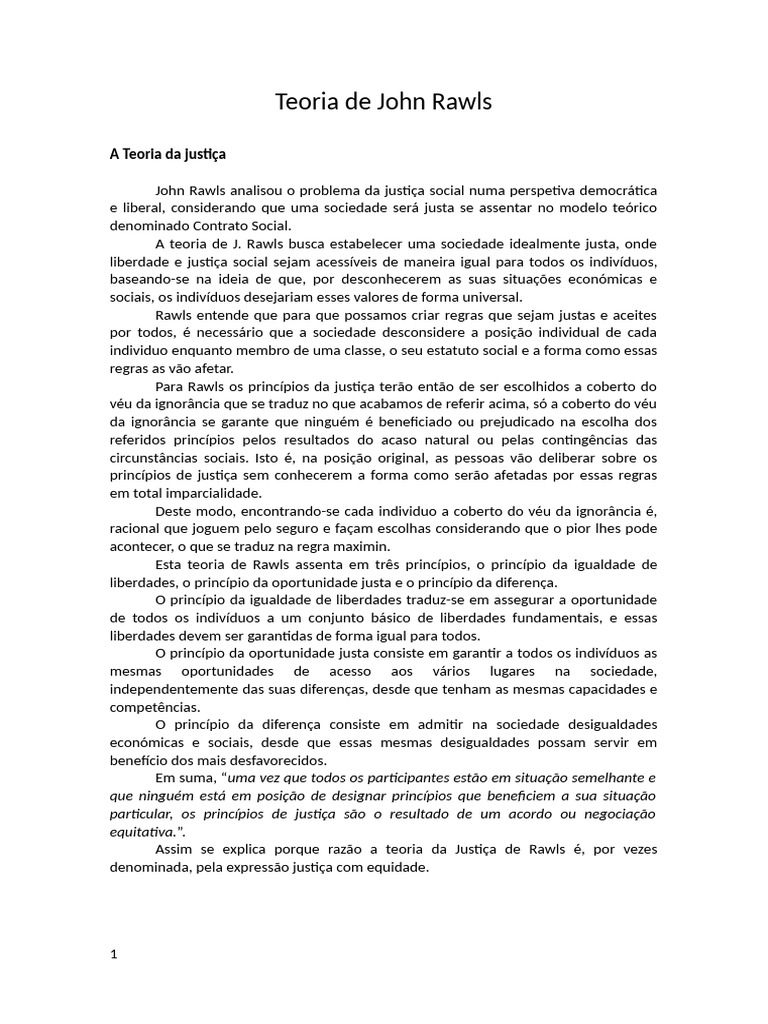 Teoria da Justiça de John Rawls | PDF | John Rawls | Justiça