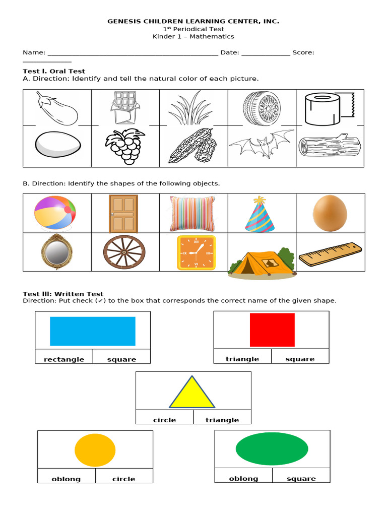 Kinder Math Test: Colors & Shapes | PDF