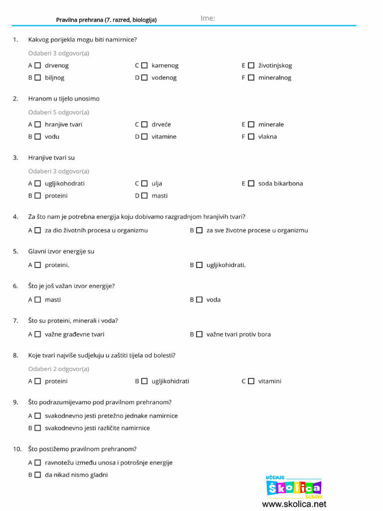 Pravilna Prehrana 7 Razred Biologija - Test - Ispit - 01 | PDF