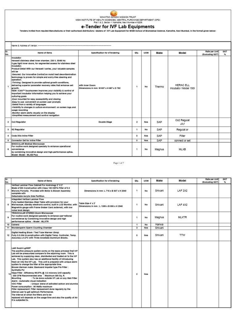 E-Tender For IVF Lab Equipments | PDF | Pump | Vacuum