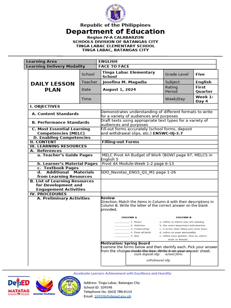 Grade 5 English Daily Lesson Plan | PDF | Learning | Teachers