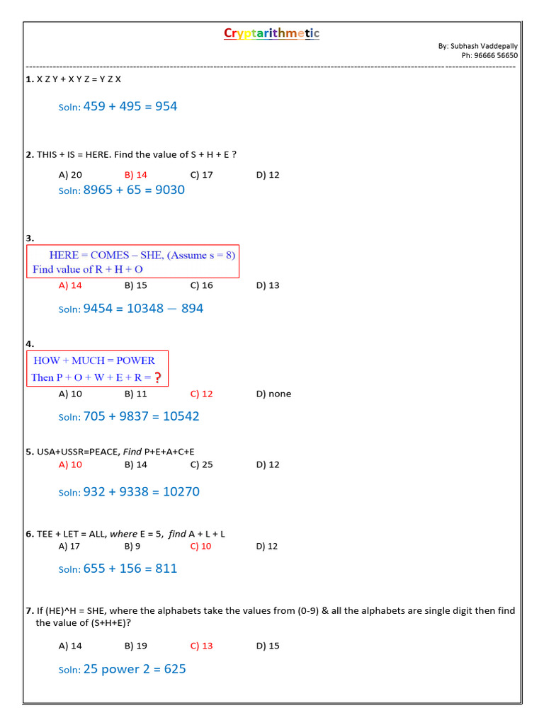 Cryptarithmetic Solutions and Problems | PDF