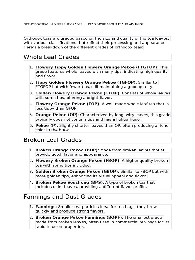 Grading of Orthodox Teas Explained | PDF | Tea | Caffeinated Drinks