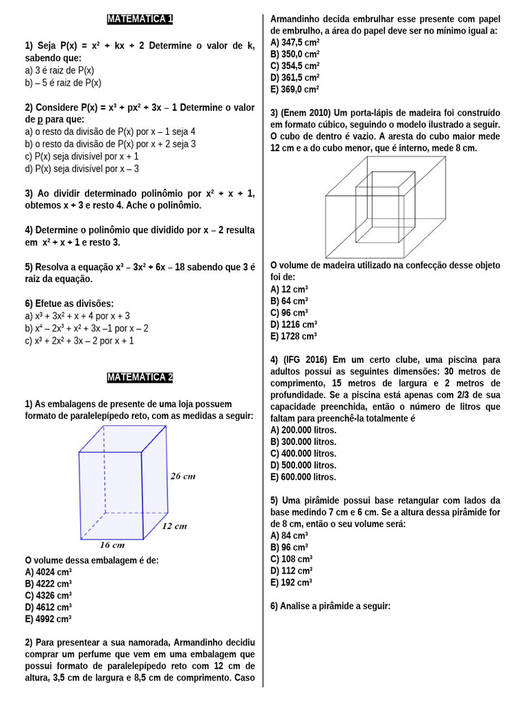 Exercícios de Matemática: Polinômios e Geometria | PDF