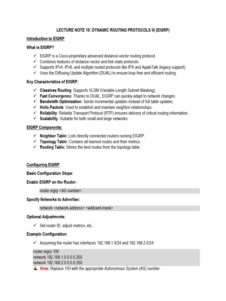 Lecture Note 10 - Dynamic Routing Protocols III (EIGRP) | PDF | Routing ...