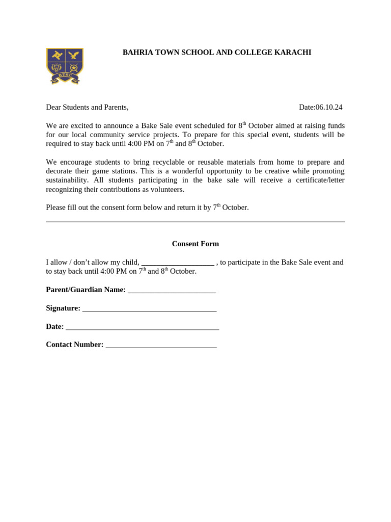 Bake Sale Consent Letter for Parents | PDF