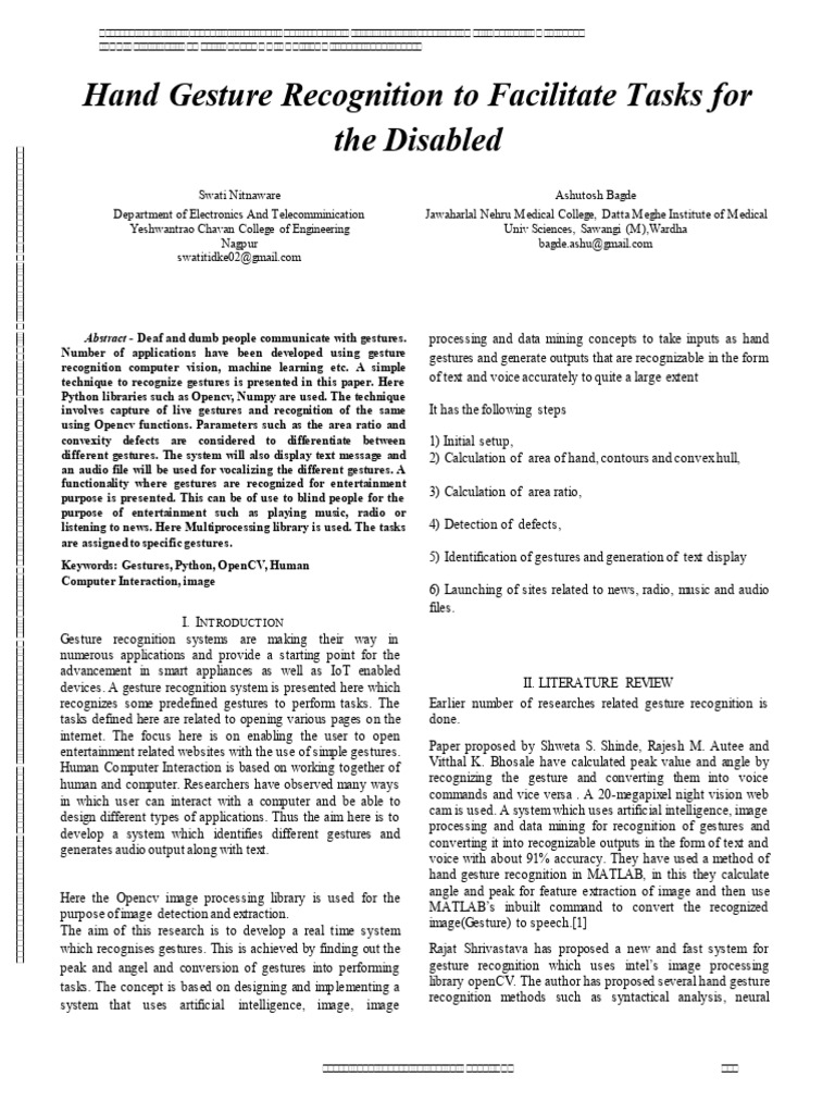 Hand Gesture Recognition To Facilitate Tasks For The Disabled | PDF ...