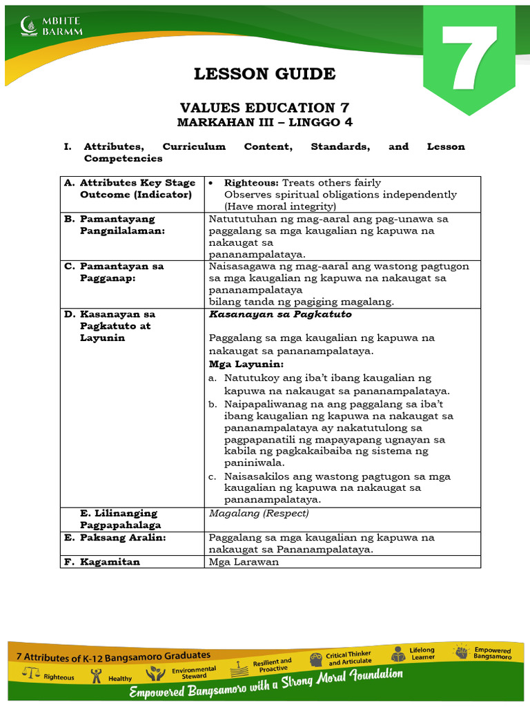 Lesson Guide: Values Education 7 | PDF
