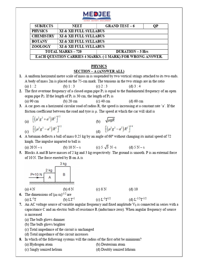 Physics NEET Grand Test Questions | PDF | Genetic Code | Gases