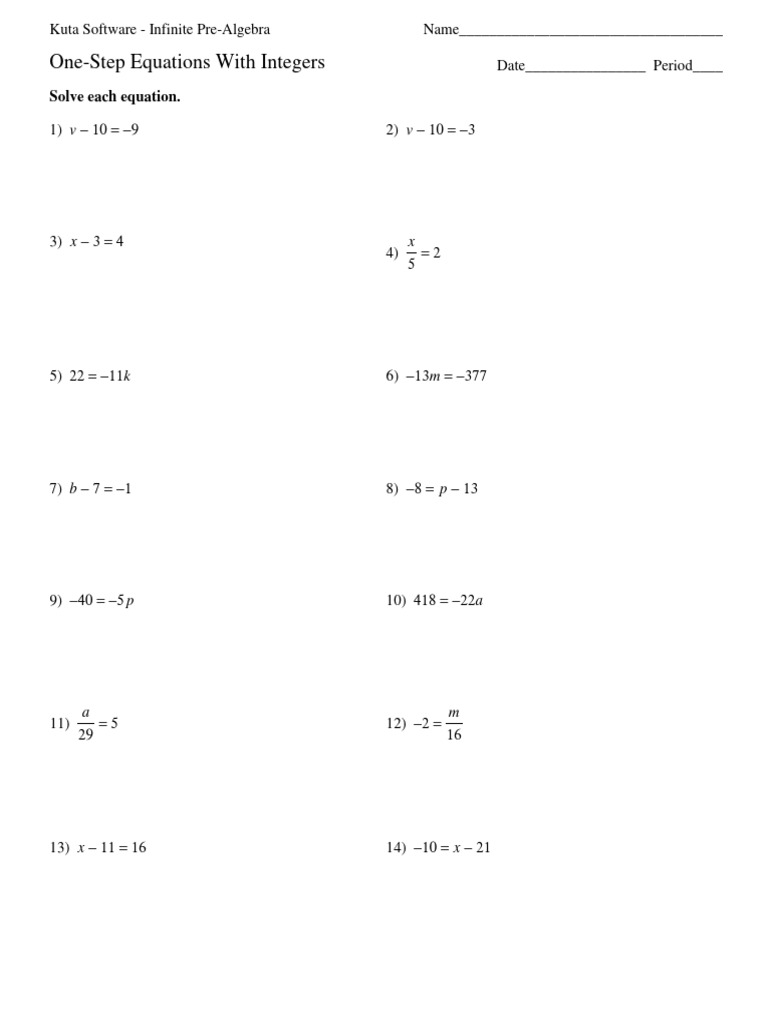 One-Step Equations with Integers Worksheet | PDF | Mathematics ...
