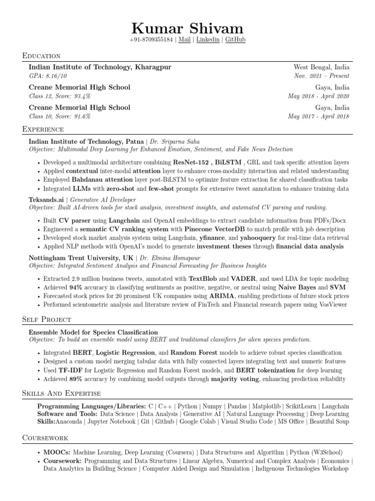 Kumar_Shivam_CV | PDF | Deep Learning | Artificial Intelligence