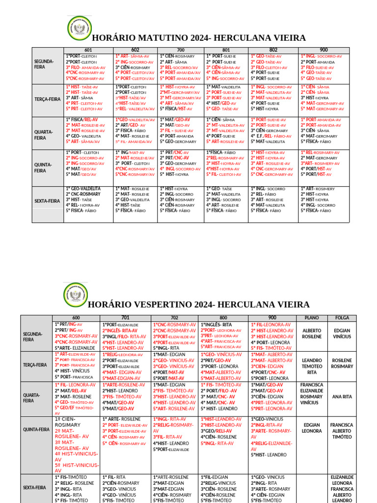 Horário Matutino e Vespertino 2024 ADAPTADO | PDF