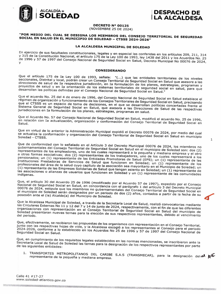 Decreto n 00125 del 25 de noviembre de 2024 por medio del cual se