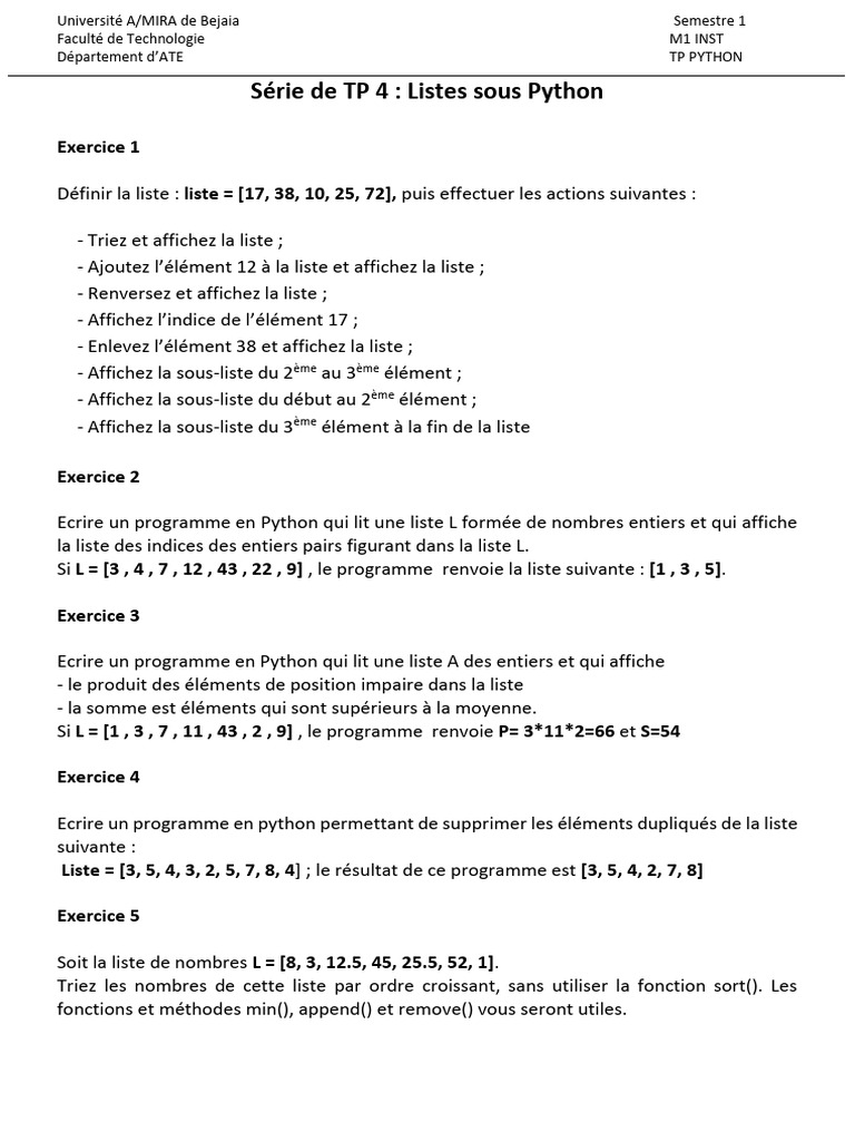 TP Python : Manipulation de Listes | PDF