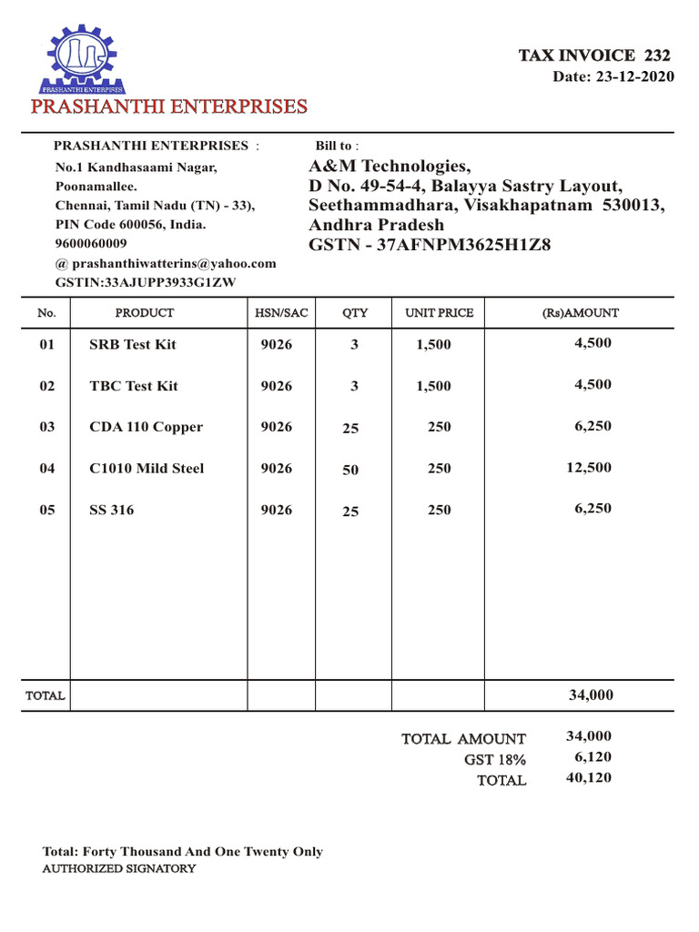 Tax Invoice for Prashanthi Enterprises | PDF