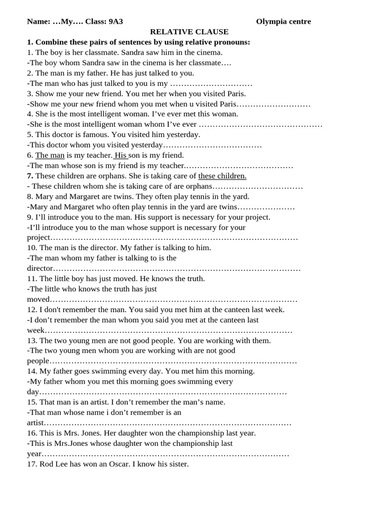Relative Clauses Exercises for 9A3 | PDF