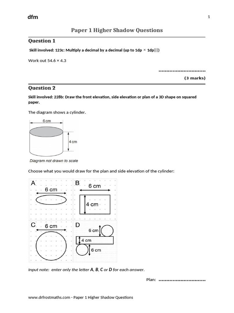 Higher Paper 1 Shadow Questions | PDF | Triangle | Circle