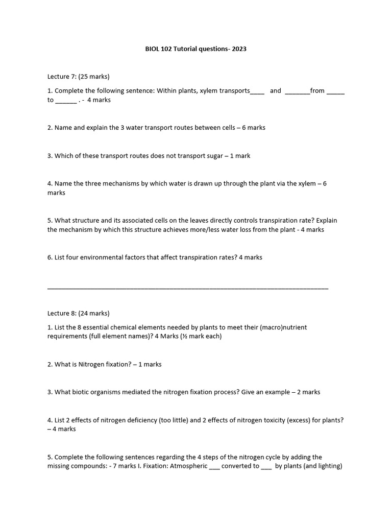 BIOL 102 Plant Transport and Nutrients Guide | PDF