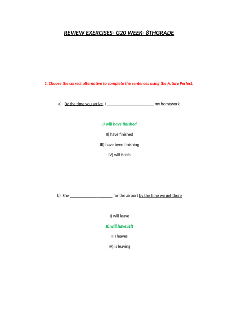 Review Exercises - G20 Week - 8thgrade | PDF | Verb | Linguistics