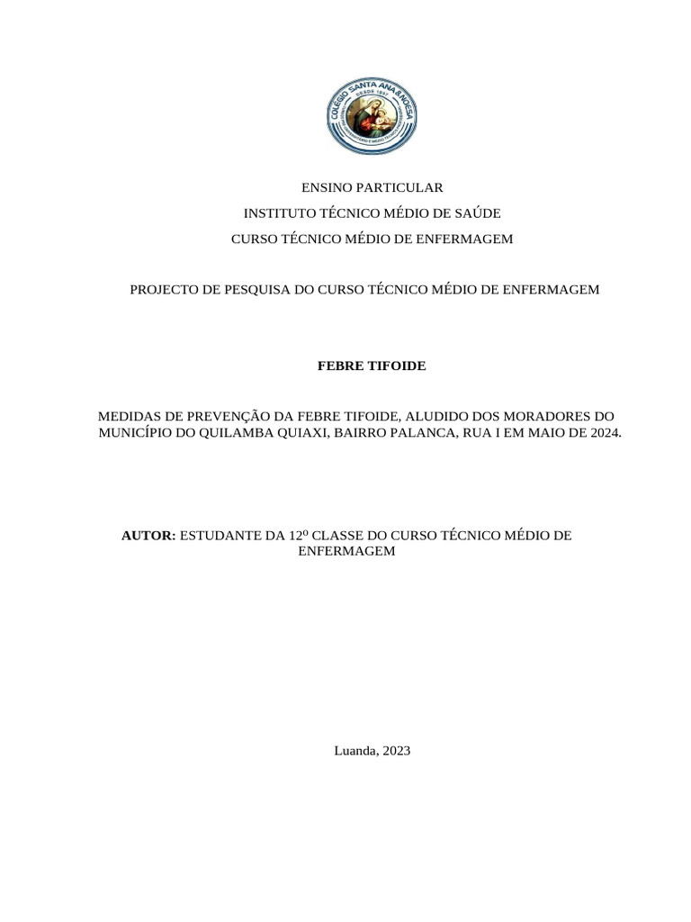 Prevenção da Febre Tifoide em Quilamba | PDF | Saúde pública | Doenças ...