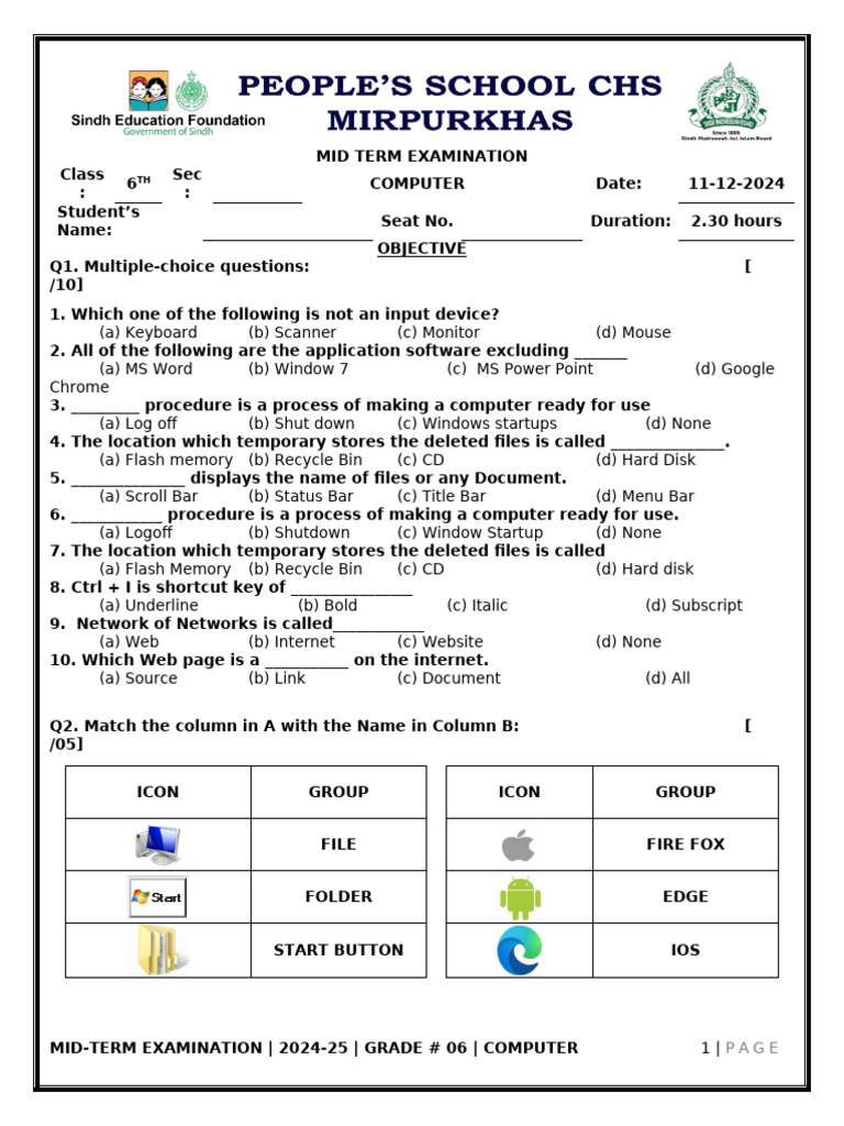 6th Grade Computer Mid-Term Exam 2024 | PDF | Icon (Computing ...