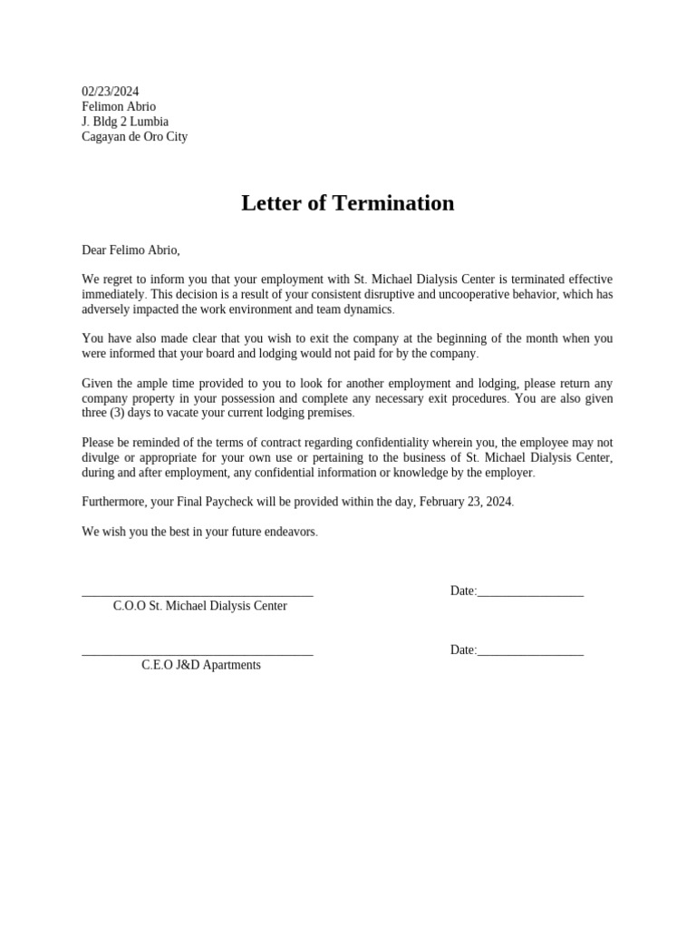 Employment Termination Letter Template | PDF