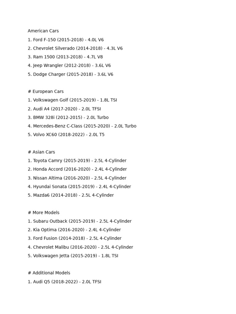 Car Models by Region and Engine | PDF