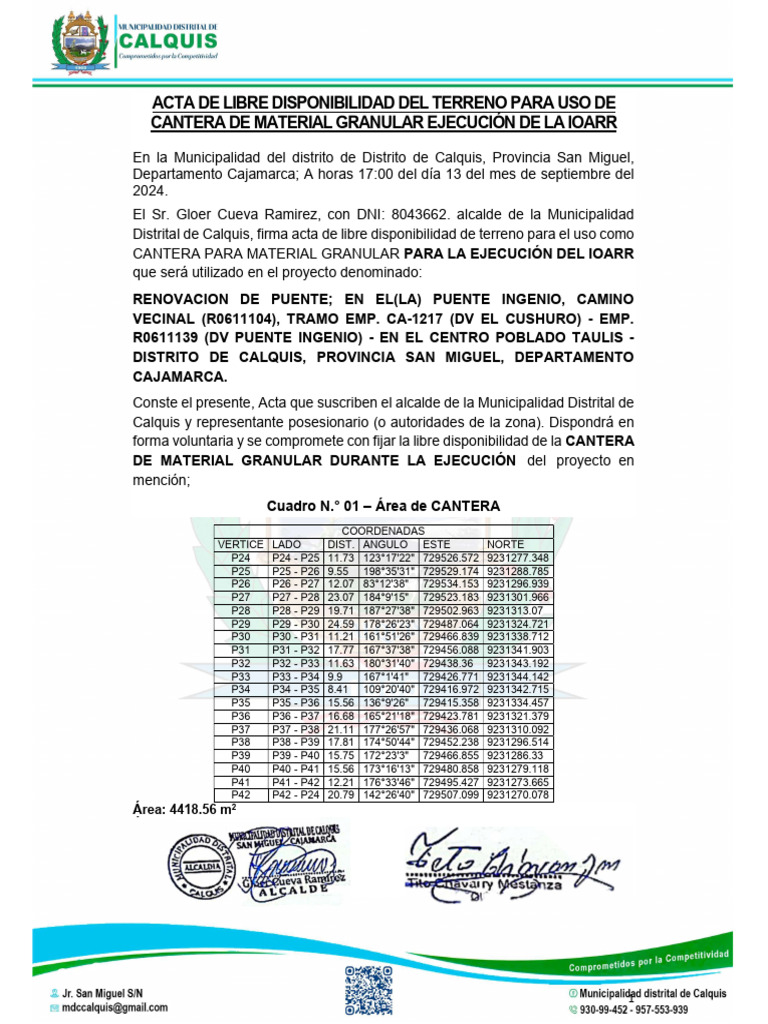 Acta de Libre Disponibilidad Del Terreno para Uso de Cantera de ...