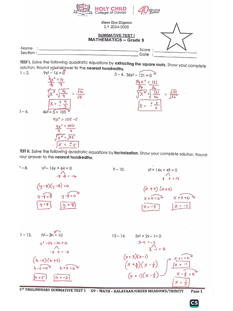 Summative Test 1 Answer Key | PDF