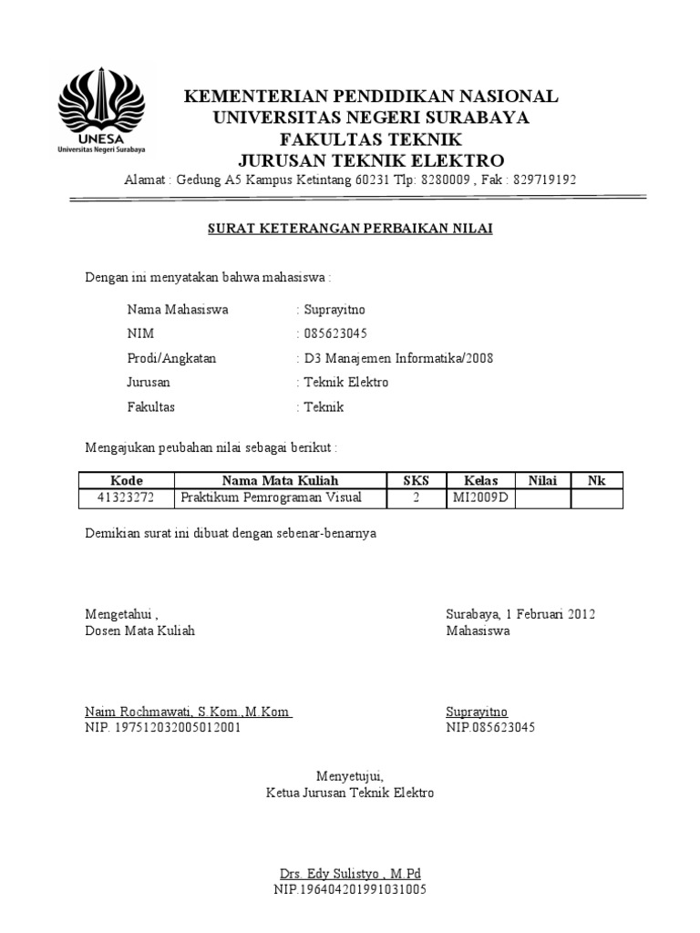 Surat Keterangan Perbaikan Nilai