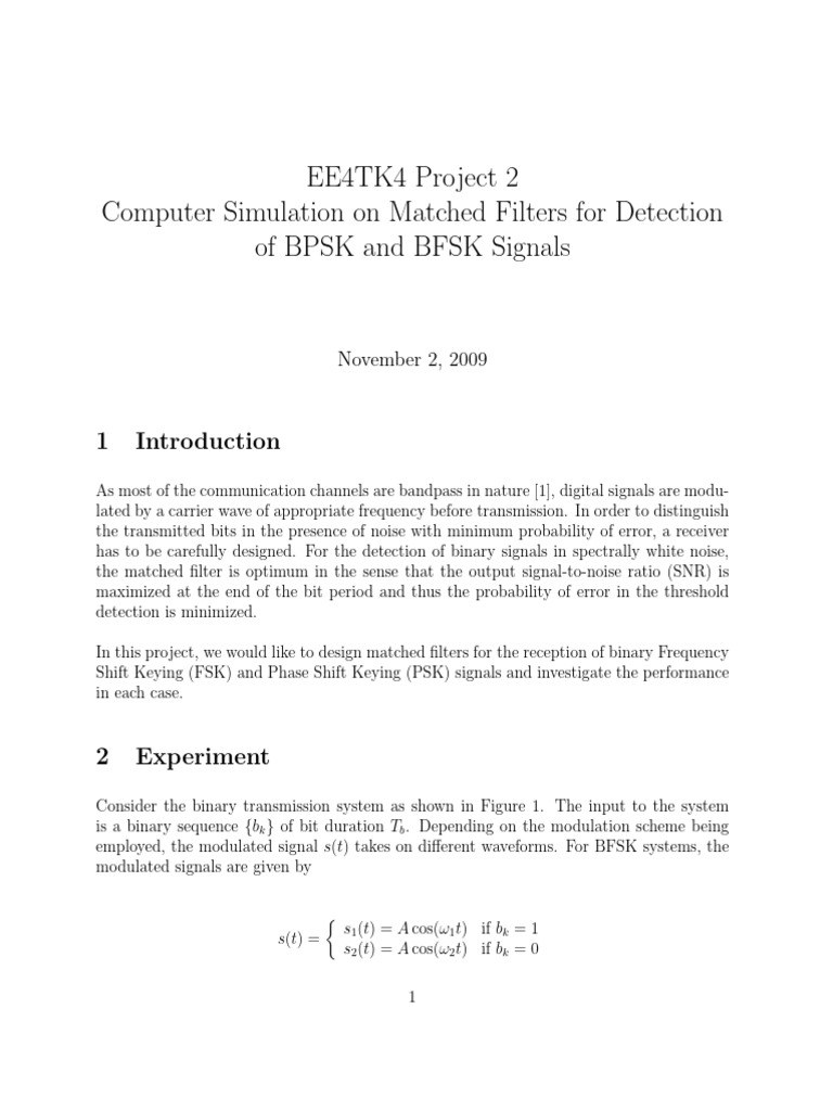 Matched Filters for BPSK and BFSK Signals | PDF | Modulation | Signal ...
