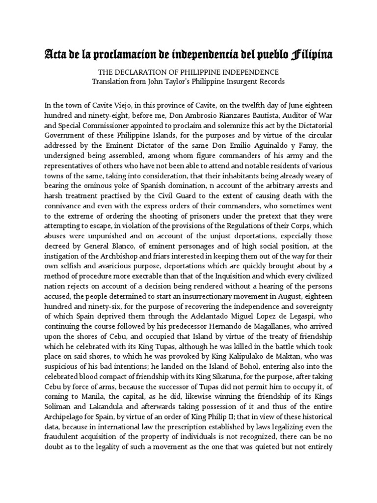 Philippine Independence Declaration 1898 | PDF | Philippines | Spanish ...