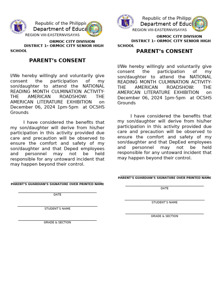 Parent Consent for Reading Month Event | PDF