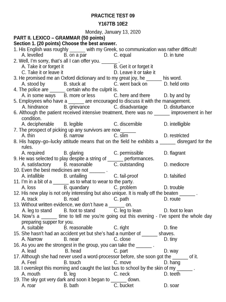 English Practice Test: Lexico & Grammar | PDF | Experiment | Science
