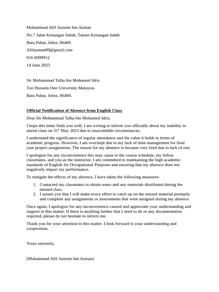 Official Absence Notification Letter | PDF