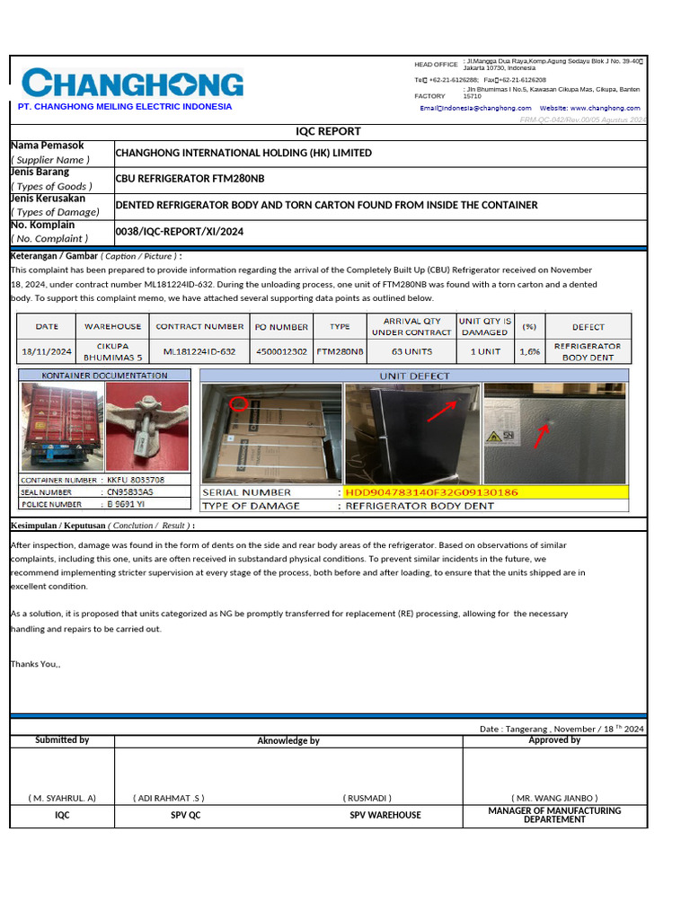 IQC Report: Dented FTM280NB Refrigerator | PDF